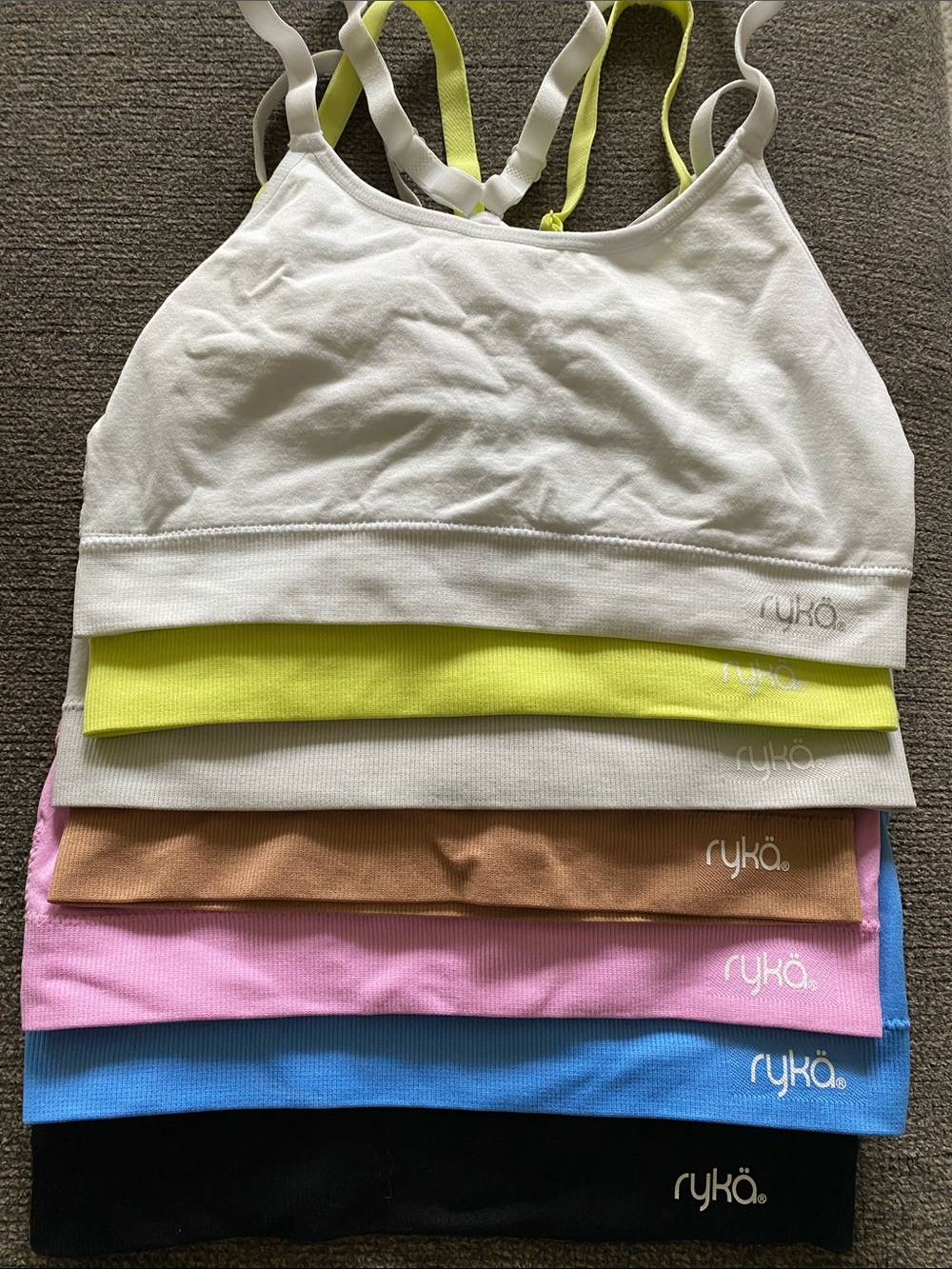 7 Ryka Sports Bra Bundle - Blue, Pink, Tan, Black, Yellow, White Sports Yoga Gym